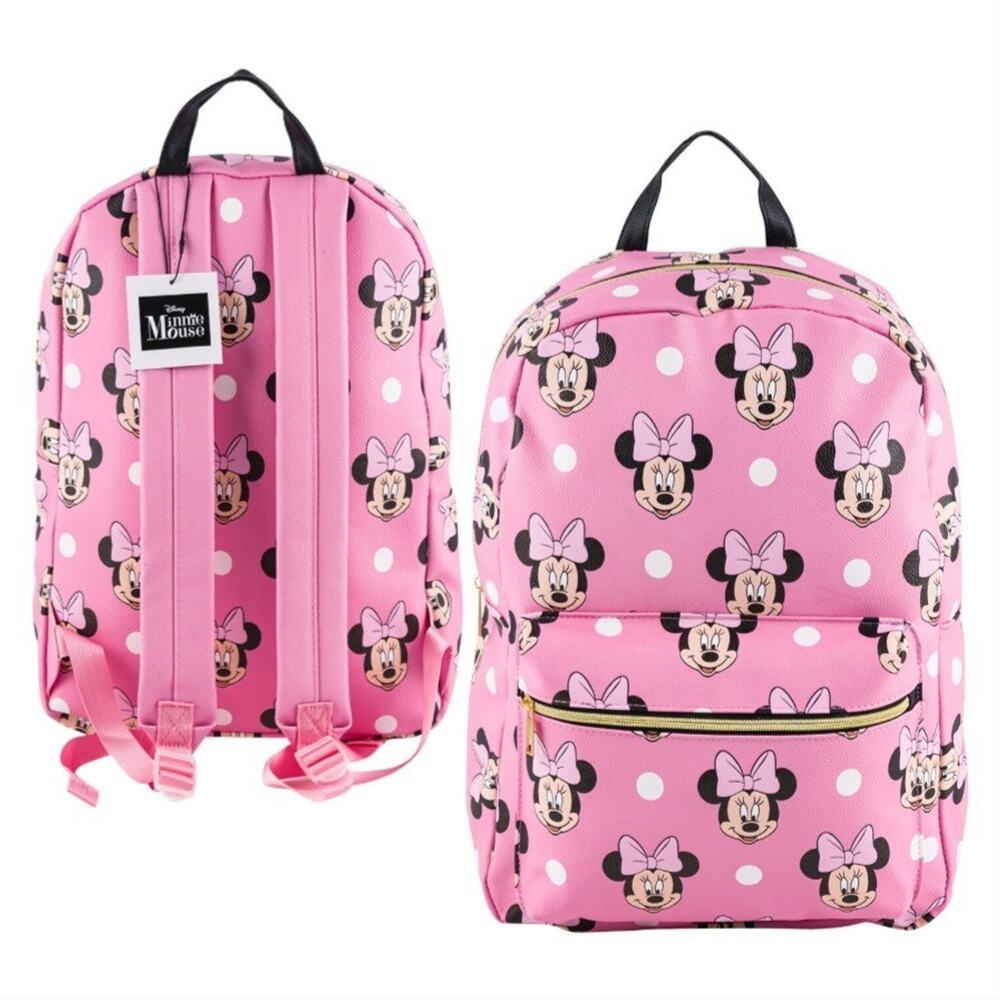 Disney Minnie Mouse 16" PU Leather Backpack/ Travel Bag, Pink - All Over Print